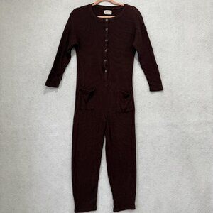 Paper Label Jumpsuit Womens Small Burgundy Waffle Knit Henley Lounge One-piece